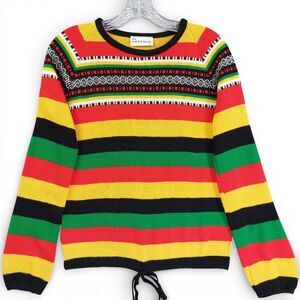 The Right Time Striped Sweater M Red Yellow Green Black Knit Boho Retro Pullover
